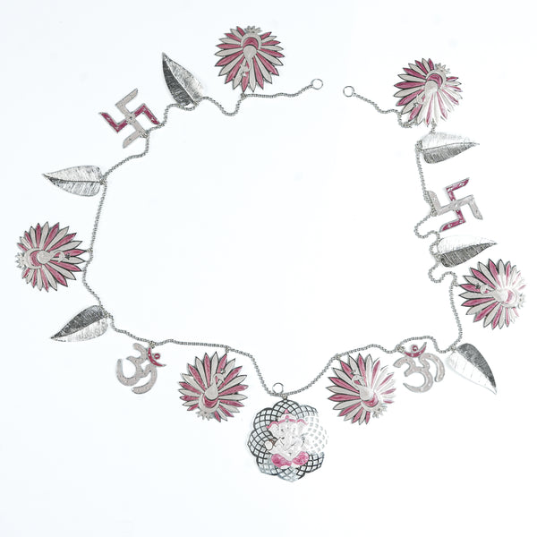 Silver Plated Leaf & Peacock Toran with Pink Enamel