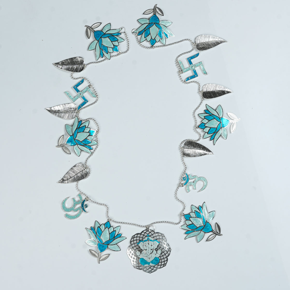 Silver Plated Leaf & Lotus Toran with Blue Enamel