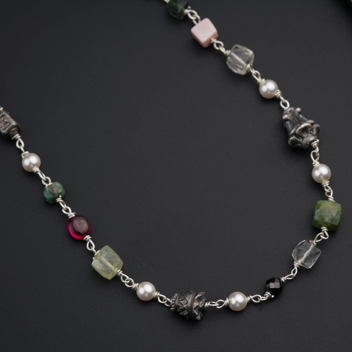 Semi Precious Multicolor Stones and Silver Beads Necklace / Chain