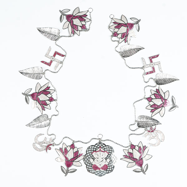 Silver Plated Leaf & Lotus Toran with Pink Enamel