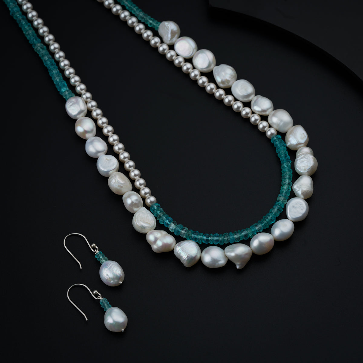 Silver set with double layered blue jade stones and Pearls