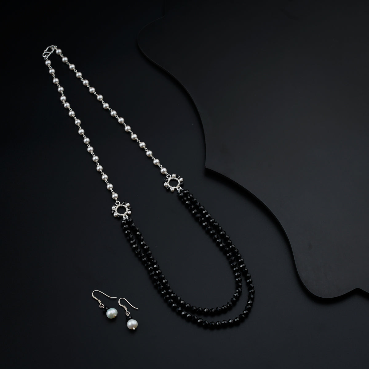 Silver two layer set with Black Spinel and Pearls