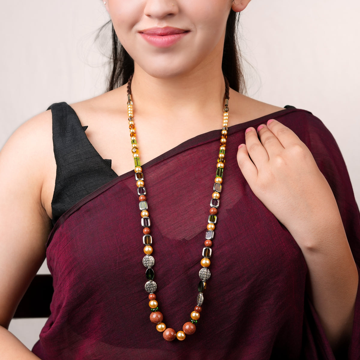 Sandstone Necklace with German Silver & Multicolour Beads