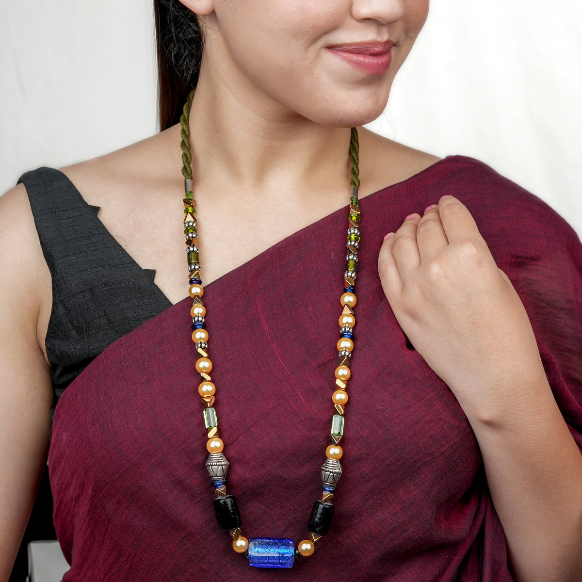 Blue & Black Agate Necklace with Pearl & Glass Beads