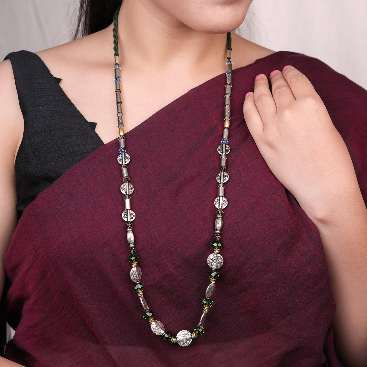 German Silver Necklace with Green & Blue Glass Beads