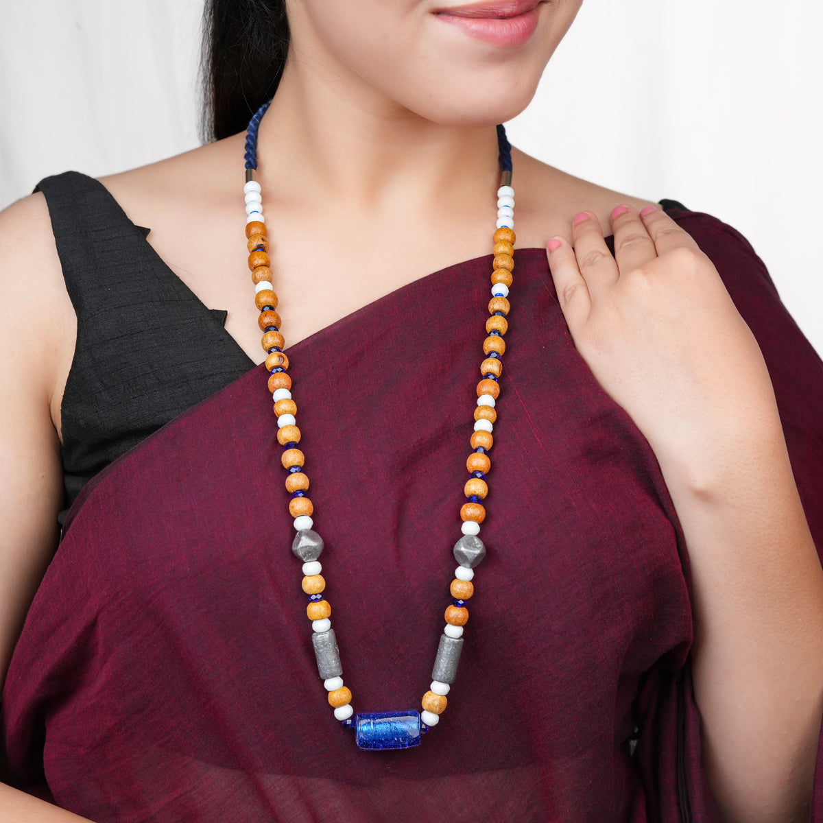 Blue Glass Bead Necklace with Wooden & White Stone Beads