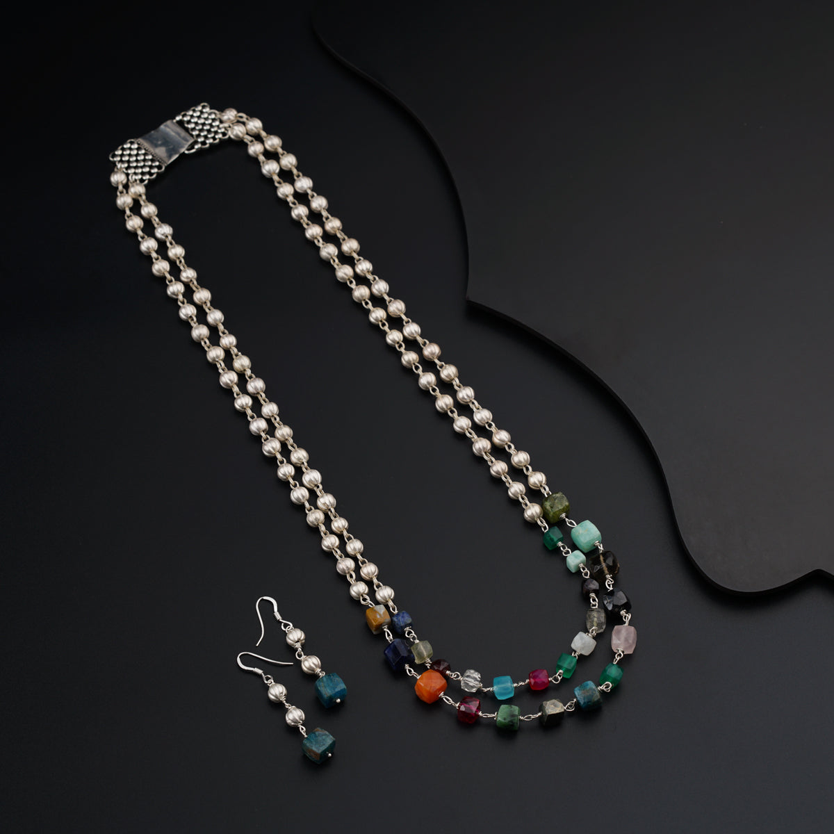 Silver Two Layered Necklace With Multicolored stones and Mohnamaal