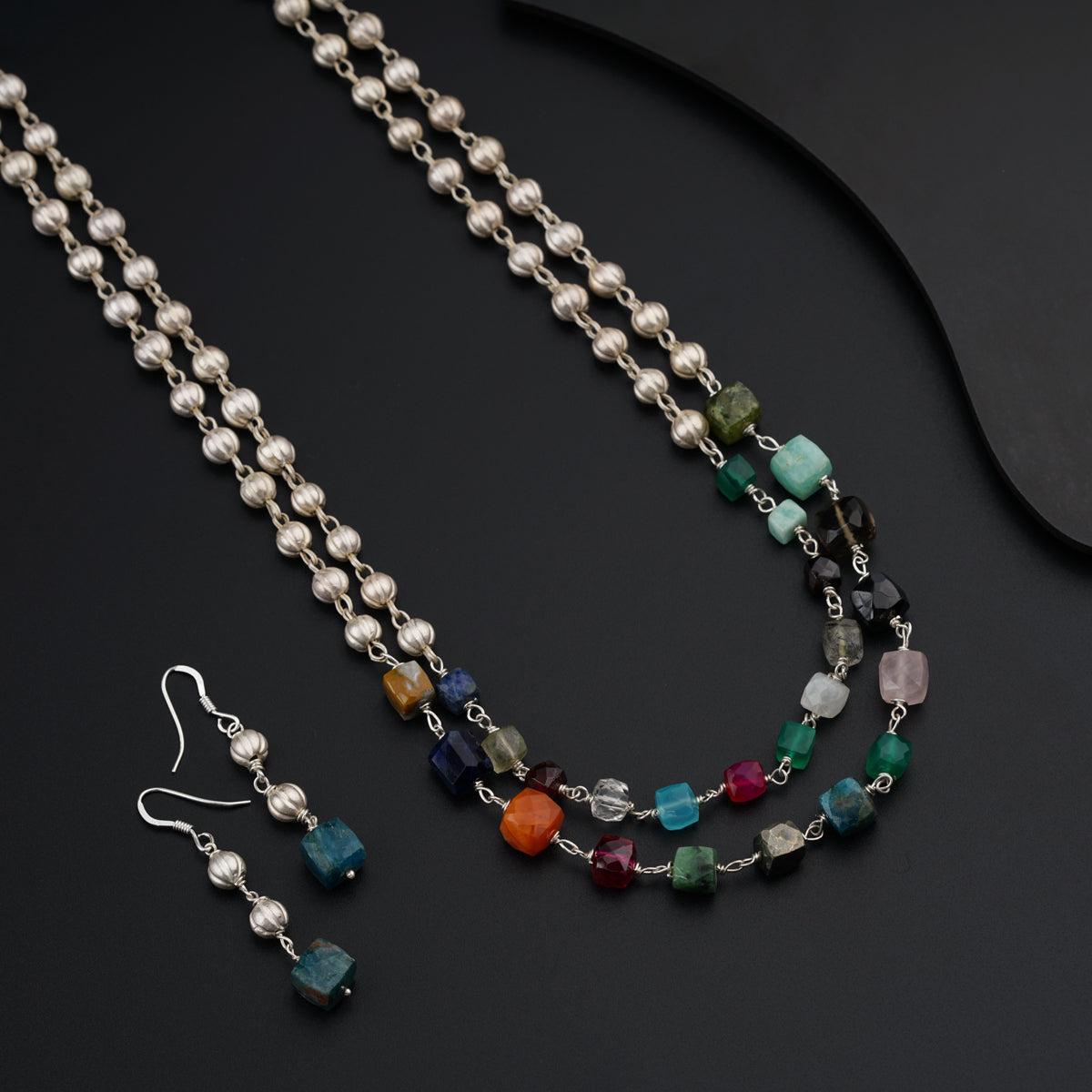 Silver Two Layered Necklace With Multicolored stones and Mohnamaal