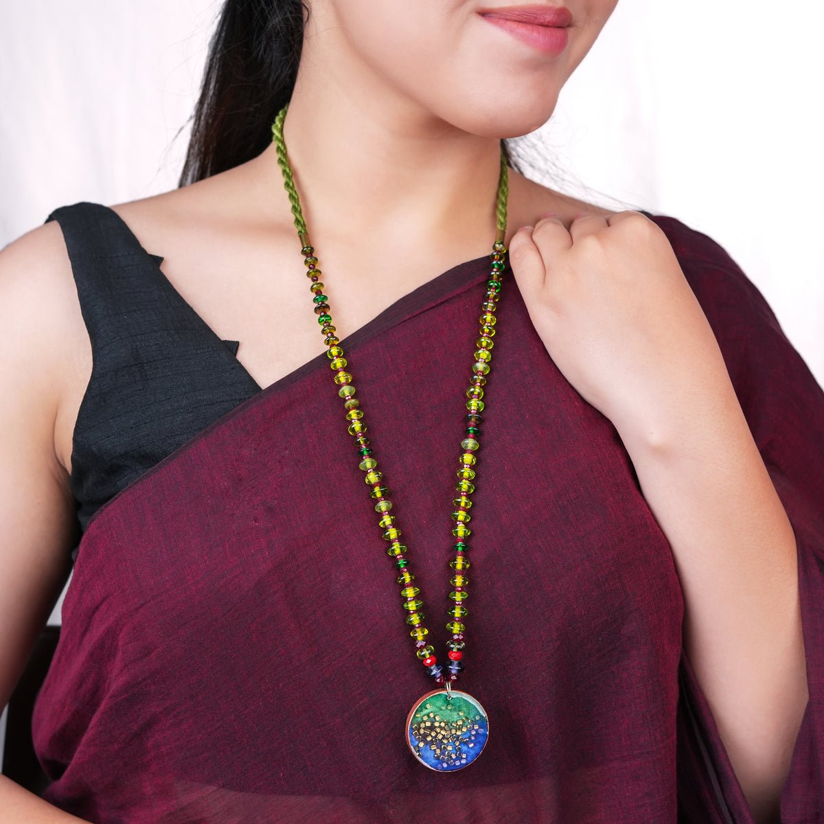 Resin Art Pendant Necklace with Green & Maroon Glass Beads