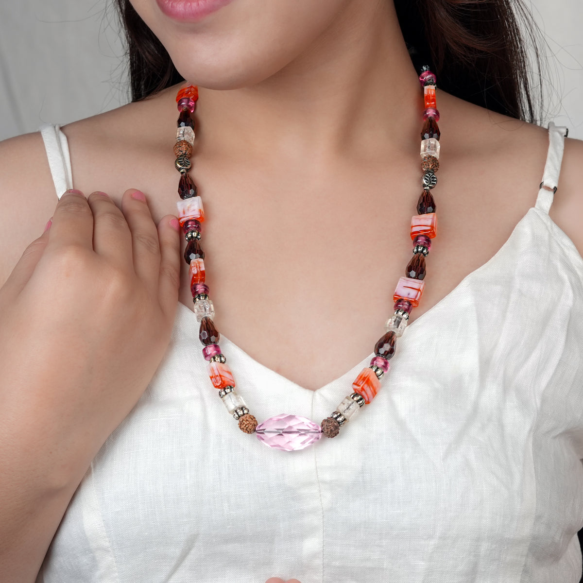 Pink Agate Necklace with Rudraksha & Glass Beads