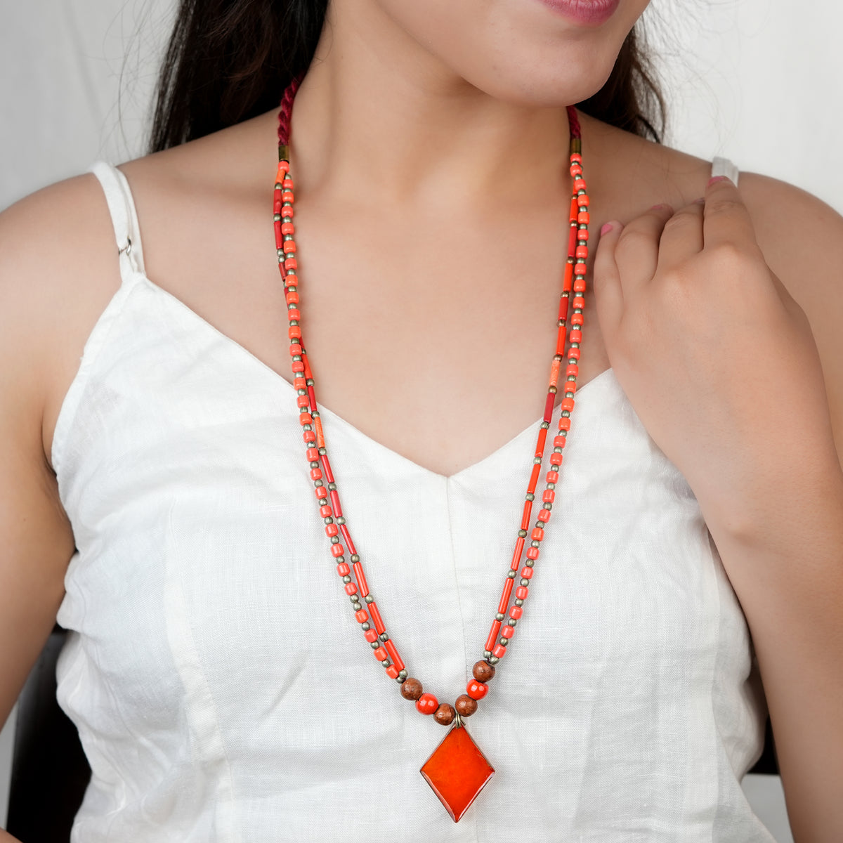 Orange Resin Art Necklace with Coral & Wooden Beads