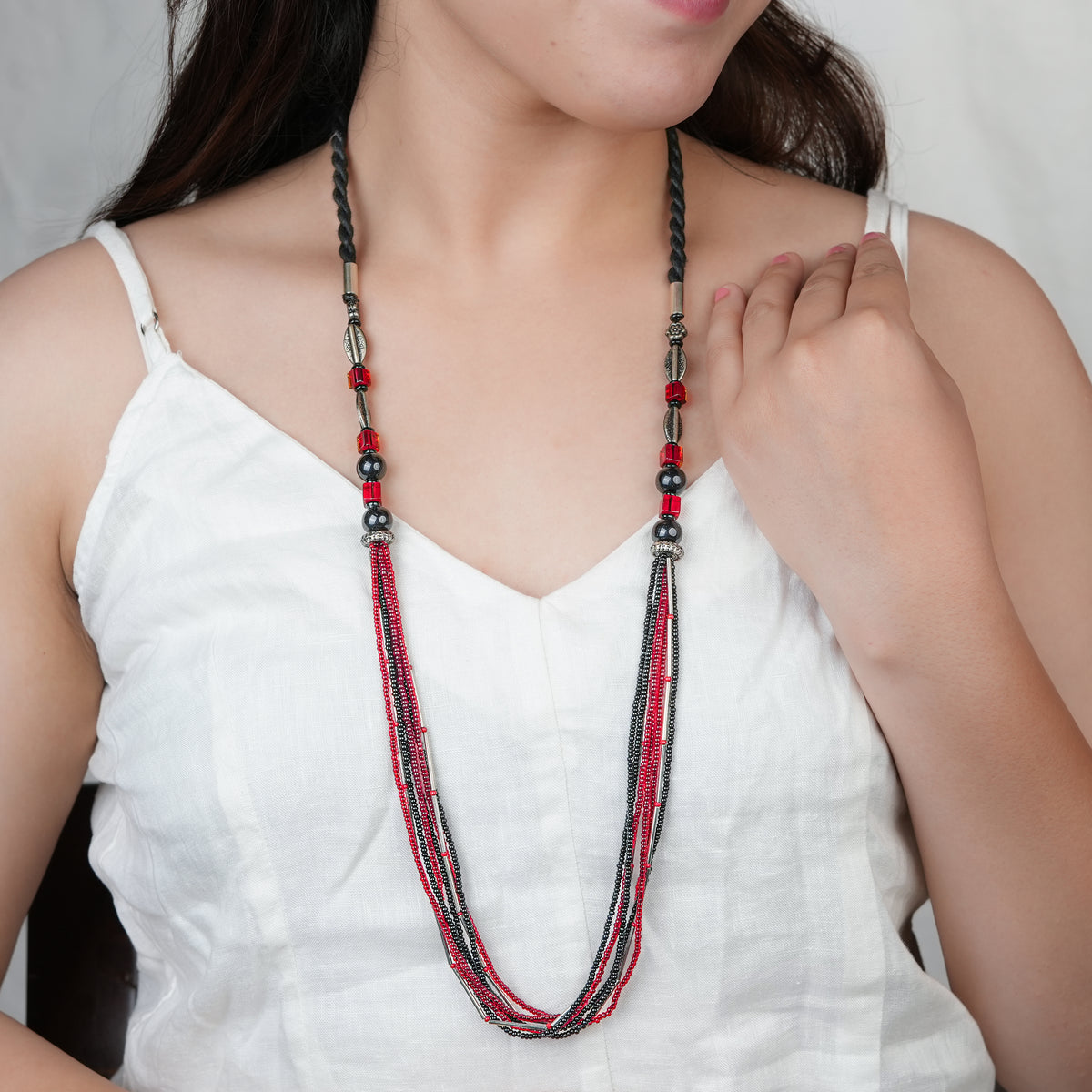 German Silver Pipe Necklace with Red & Black Multistrand