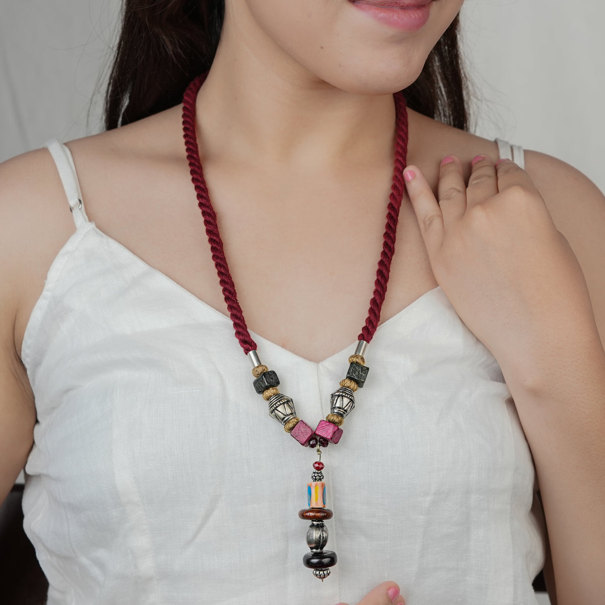 Maroon Dori Necklace with German Silver & Wooden Beads