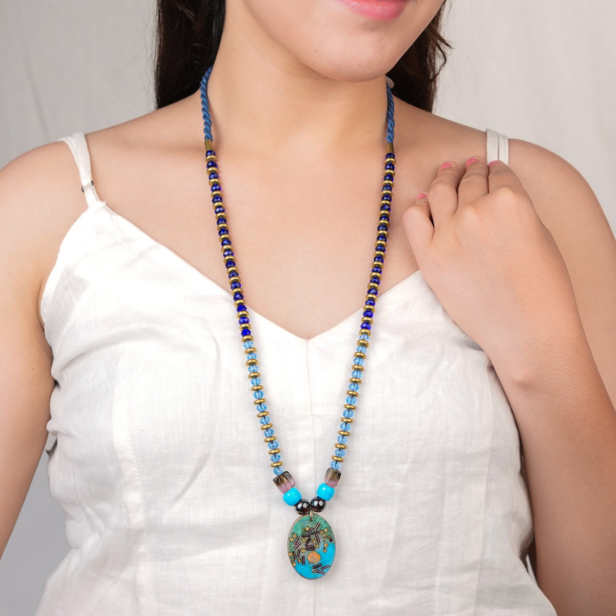 Resin Pendant Necklace with Blue & Copper Beads