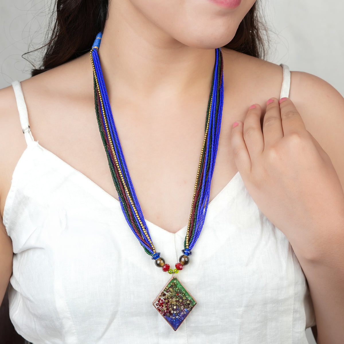 Diamond-Shaped Resin Art Necklace with Blue, Green & Red Glass Beads