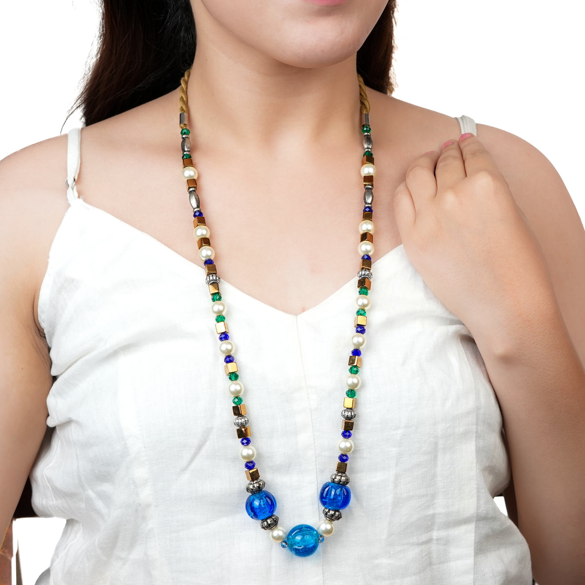 Blue Agate & Copper-Plated Bead Necklace