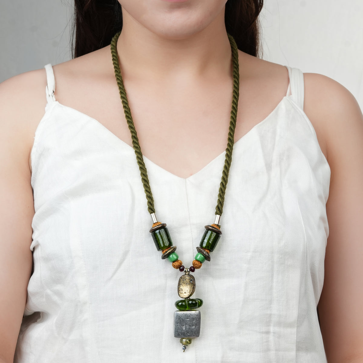 Green Beaded Necklace with Brass & Aluminium