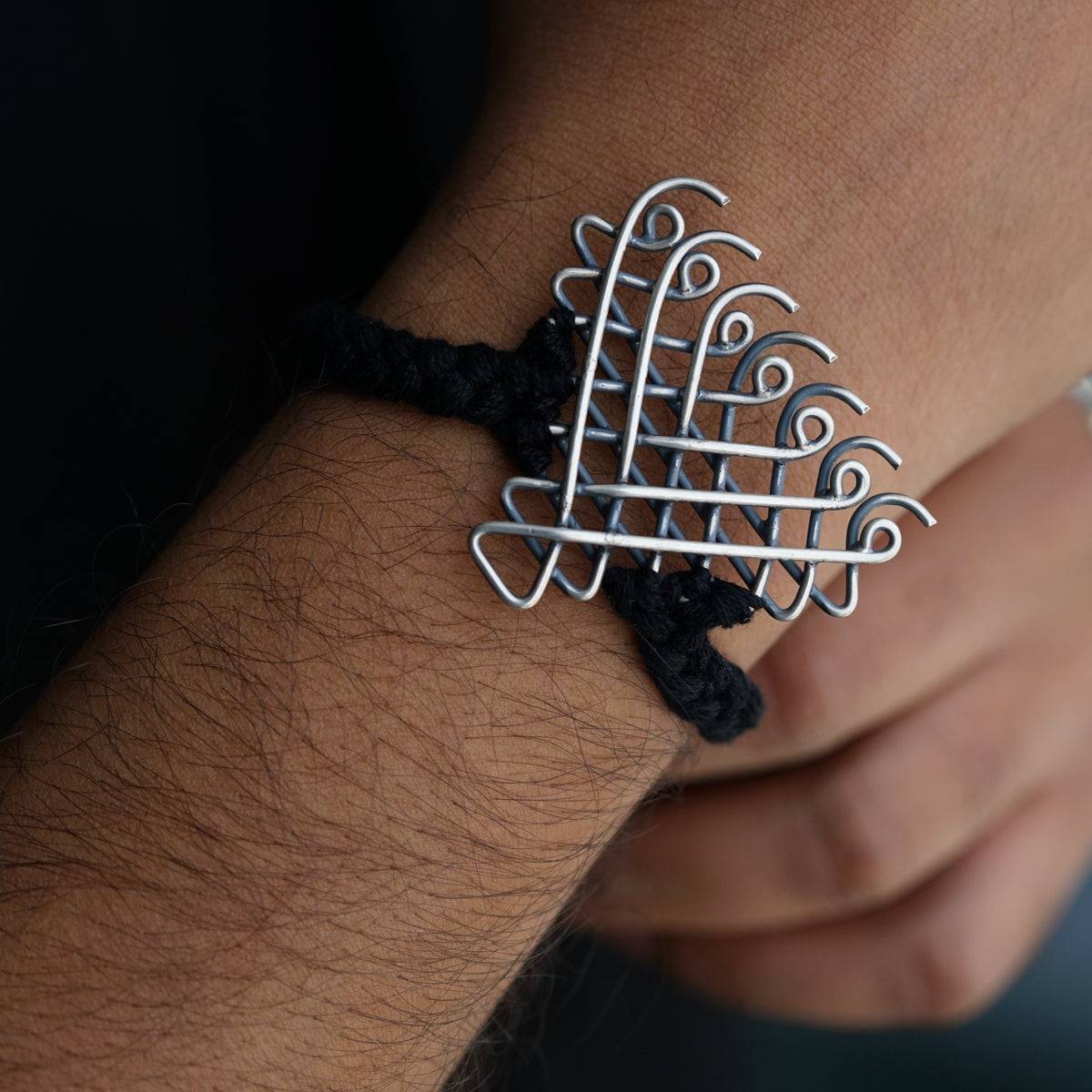 Big Saraswati motif silver bracelet detailing