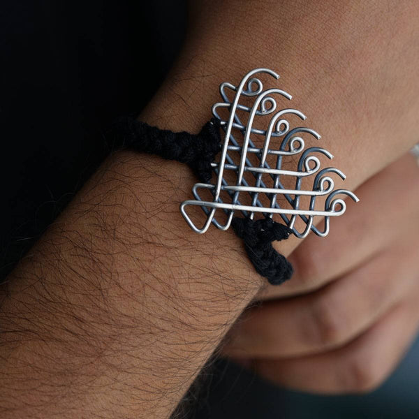 Big Saraswati motif silver bracelet detailing