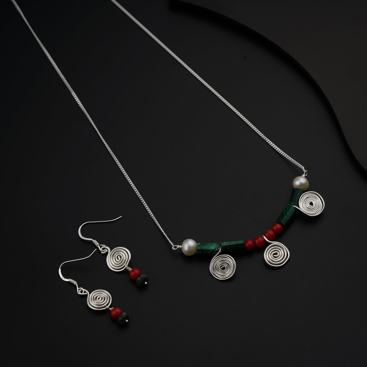 Silver Spiral Set with Malachite, Corals and Pearls