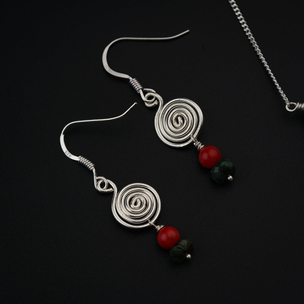 Silver Spiral Set with Malachite, Corals and Pearls