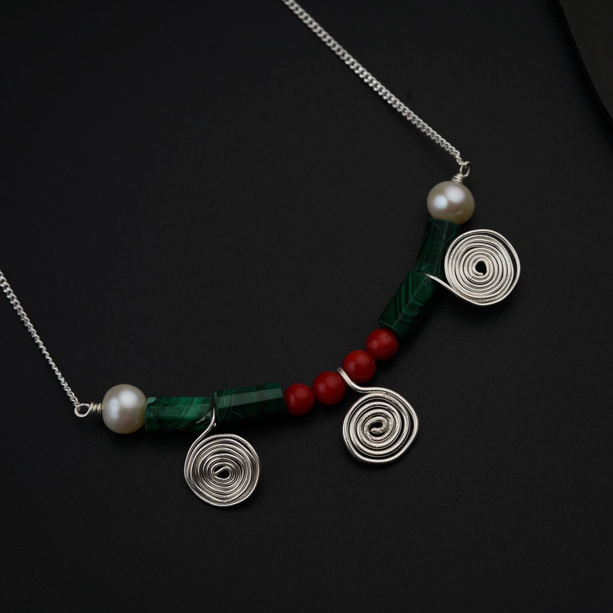 Silver Spiral Set with Malachite, Corals and Pearls