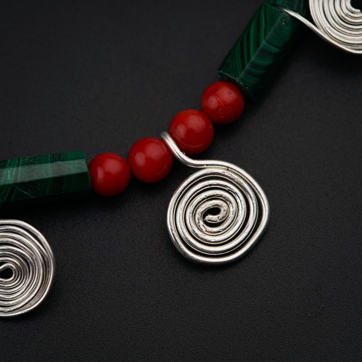 Silver Spiral Set with Malachite, Corals and Pearls