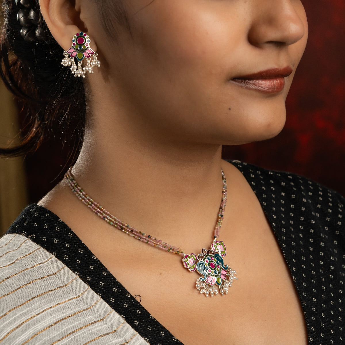 Indian Block Print Lotus Enamel Set