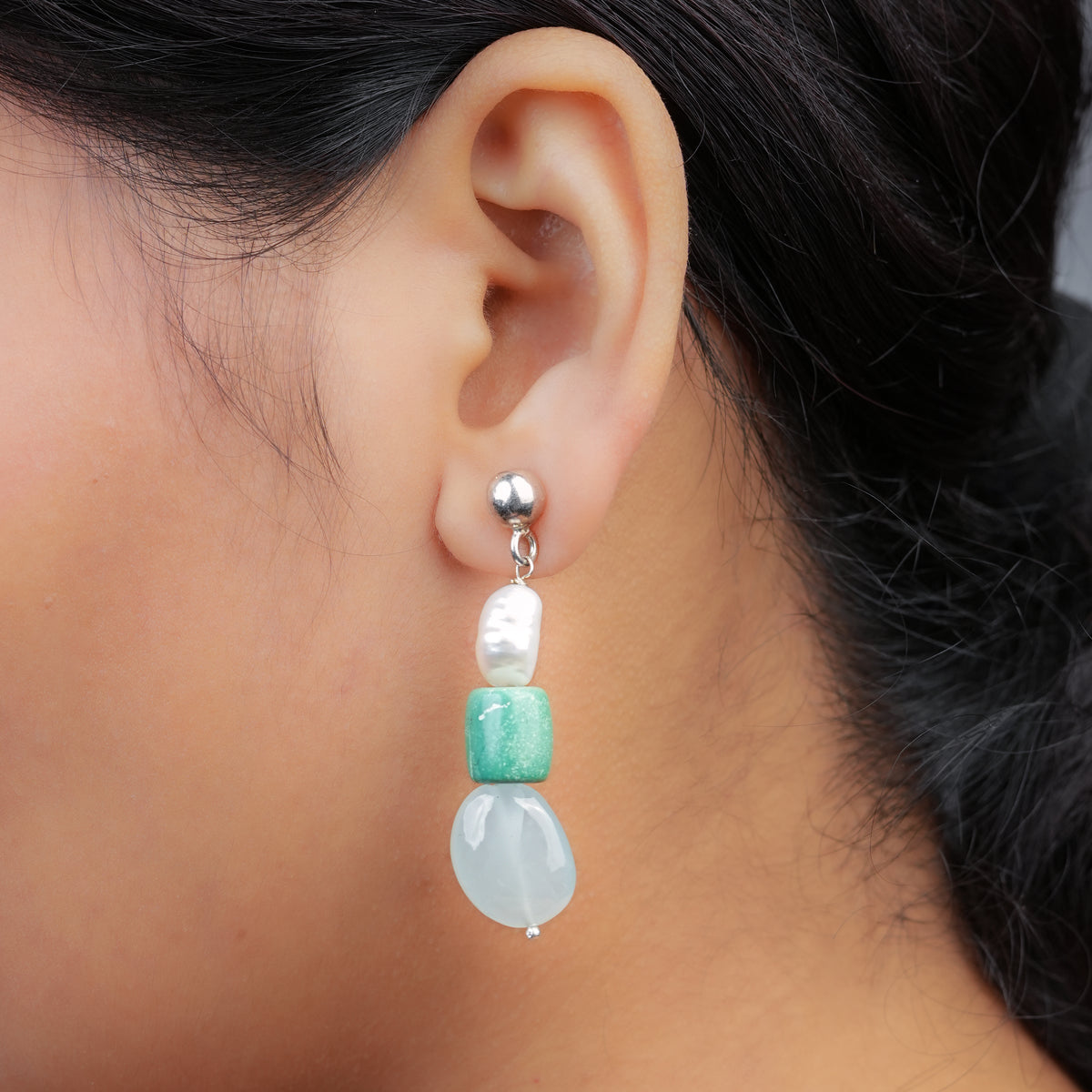 Freshwater Pearl, Tibetan Turquoise & Aquamarine Earrings (Project Handmade)