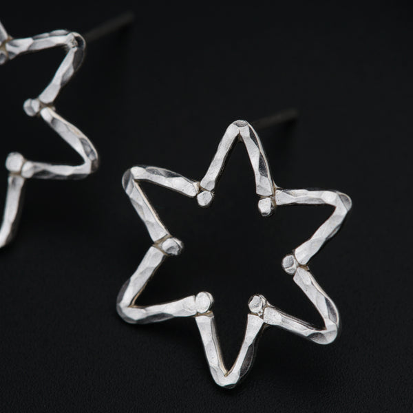 a pair of star shaped earrings on a black surface