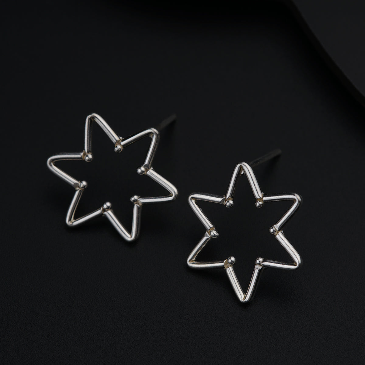 a pair of star shaped earrings sitting on top of a table