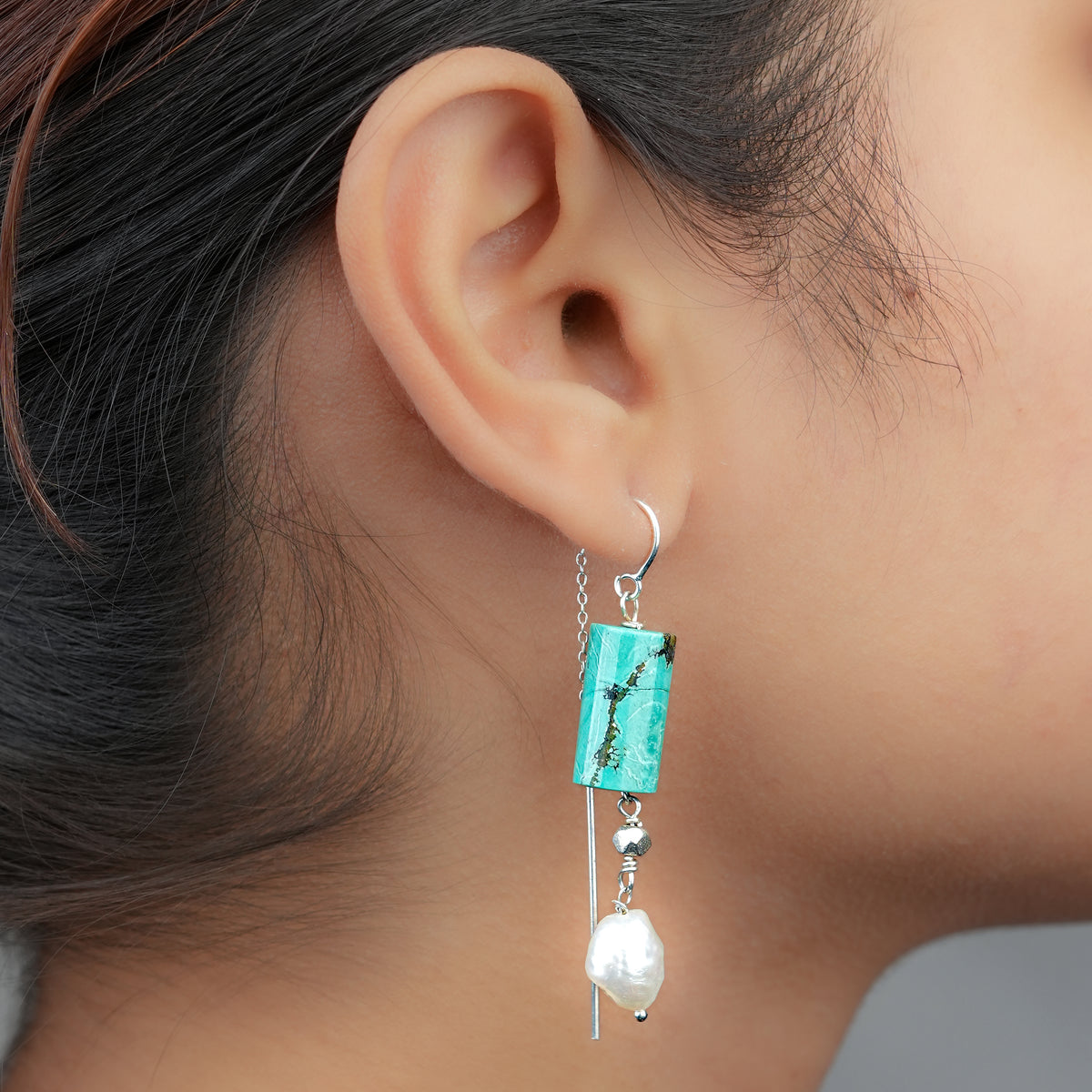 Tibetan Turquoise & Freshwater Pearl Earrings (Project Handmade)