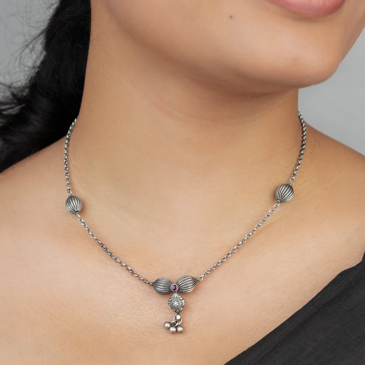 Silver Oxidised Bead & Pendant Necklace