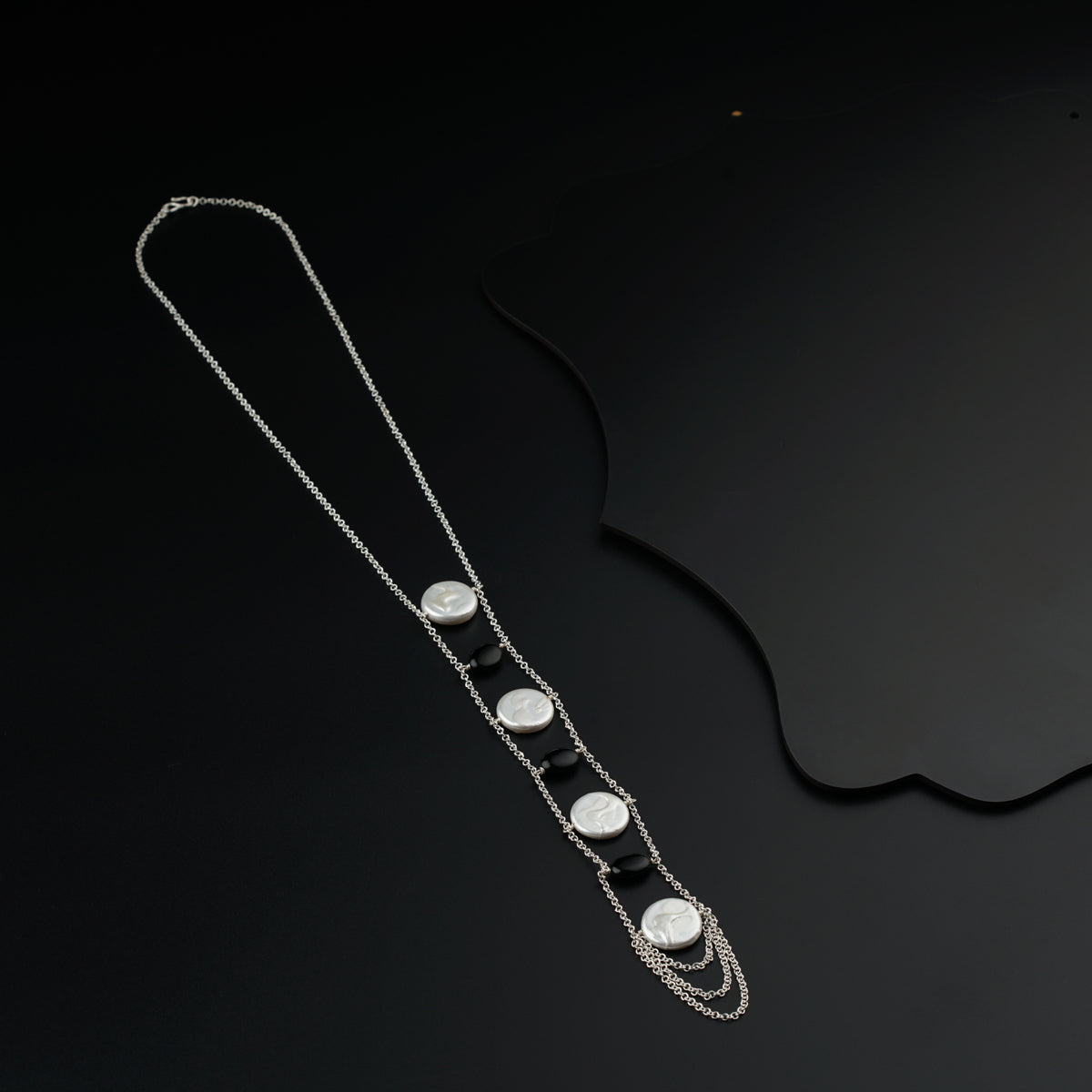 Yin Yang: Silver Bridge Necklace with Coin Pearls and Black Spinel