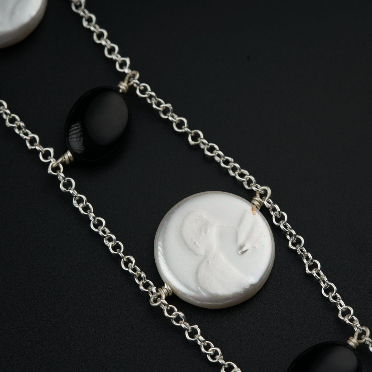 Yin Yang: Silver Bridge Necklace with Coin Pearls and Black Spinel