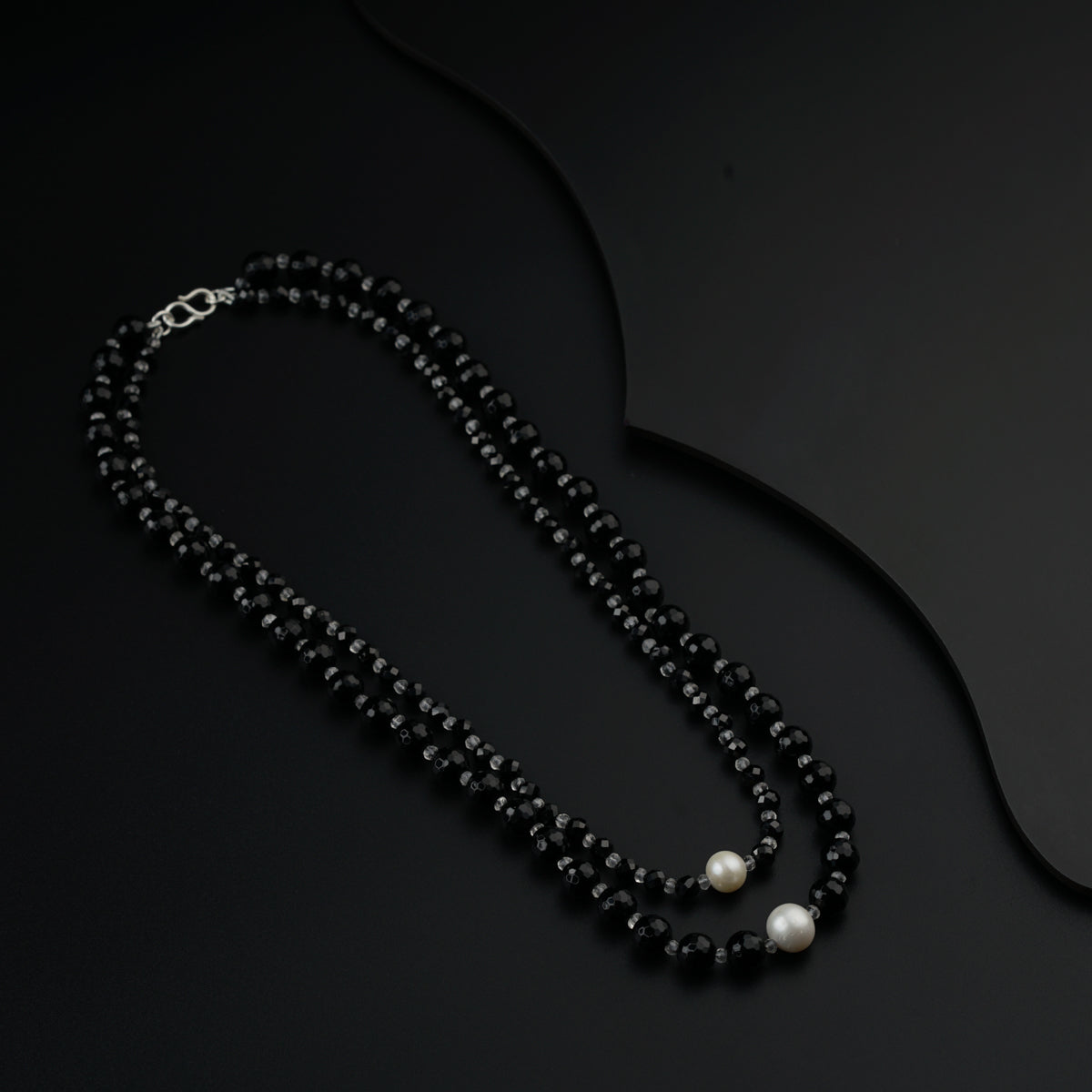 Yin Yang: Silver Necklace with Black spinel, Pearls and Crystals