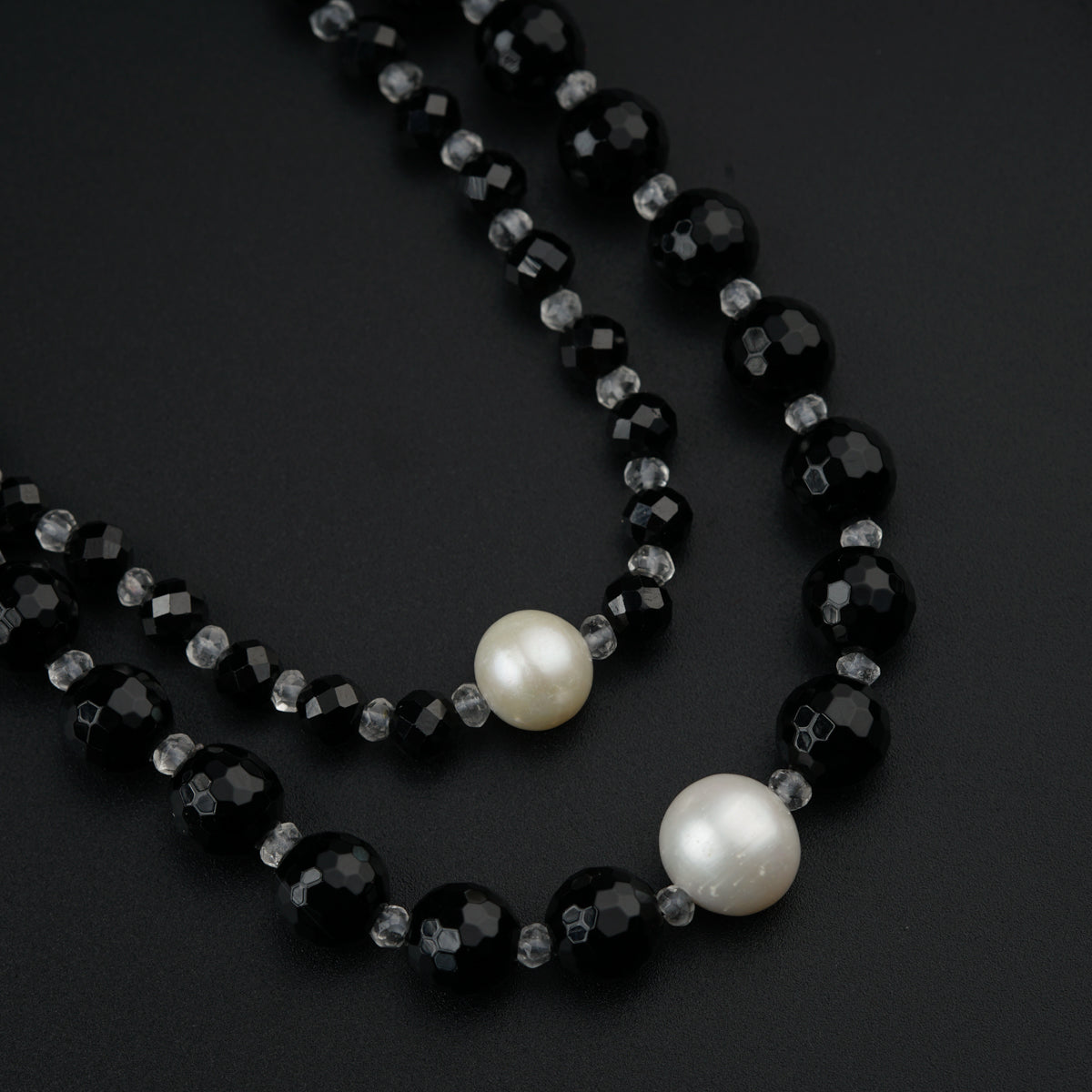 Yin Yang: Silver Necklace with Black spinel, Pearls and Crystals