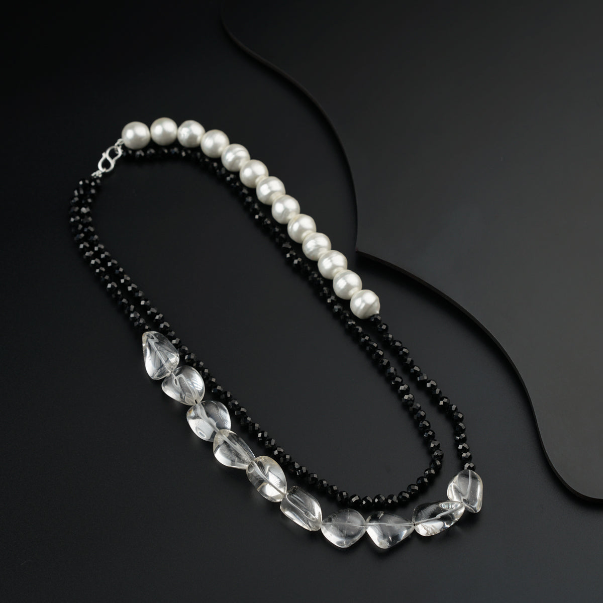 Yin Yang: Silver Necklace with Black spinel, Pearls and Crystals