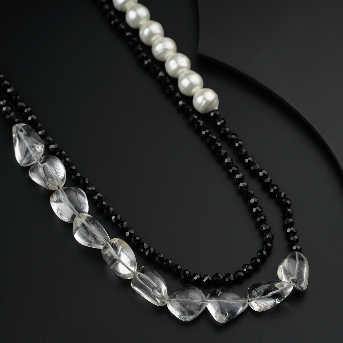 Yin Yang: Silver Necklace with Black spinel, Pearls and Crystals