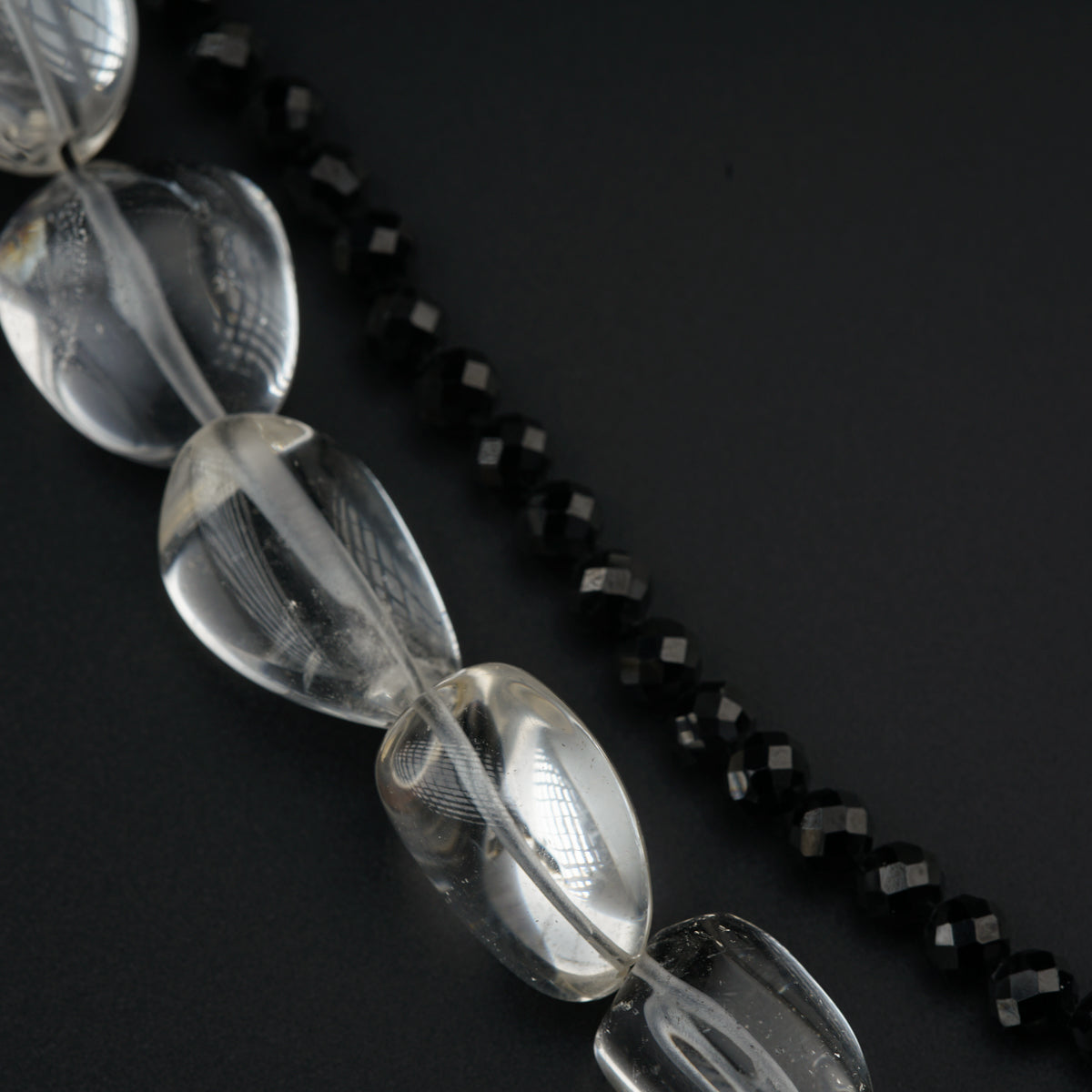 Yin Yang: Silver Necklace with Black spinel, Pearls and Crystals