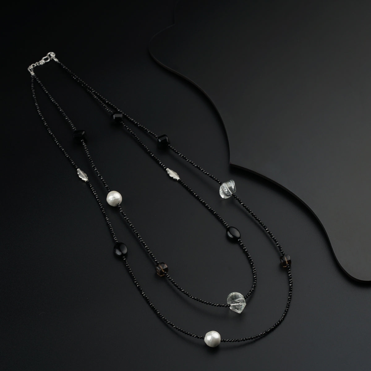 Galaxy Silver Necklace with Pearls, Smokey Quartz, Black Spinels and silver findings