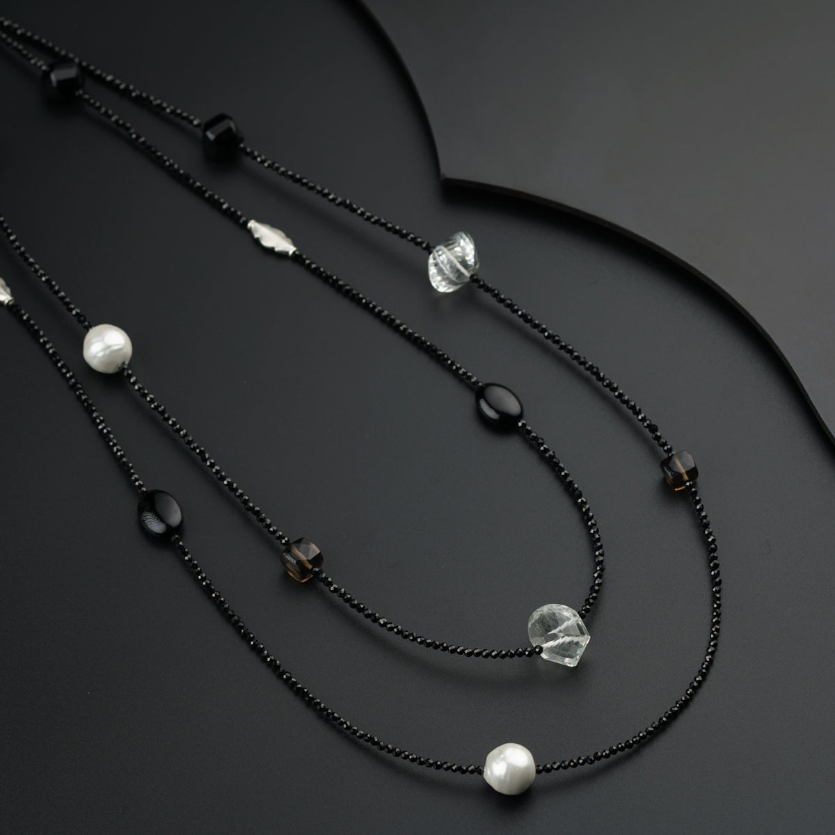 Galaxy Silver Necklace with Pearls, Smokey Quartz, Black Spinels and silver findings
