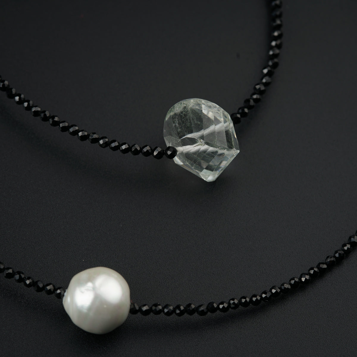 Galaxy Silver Necklace with Pearls, Smokey Quartz, Black Spinels and silver findings