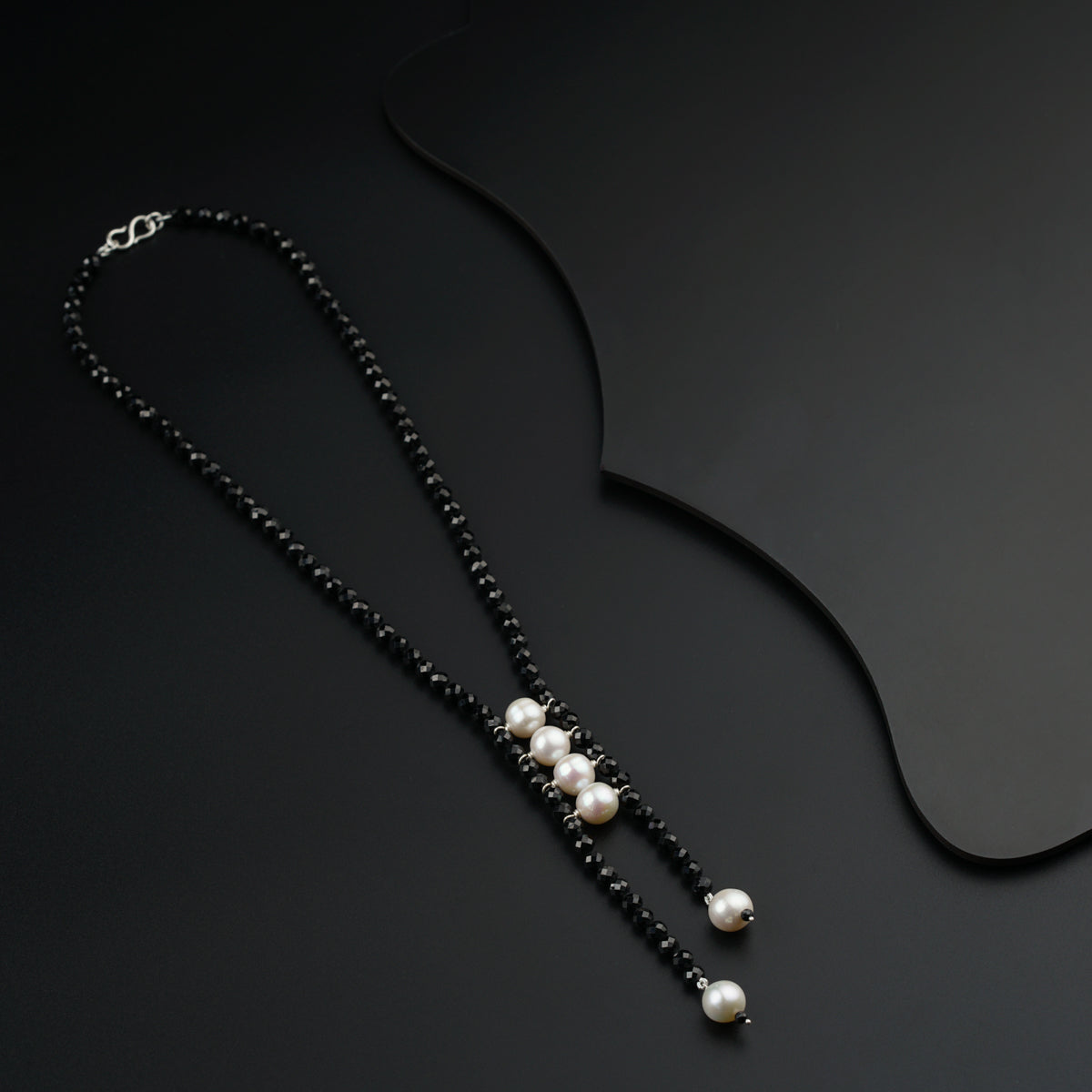 Yin Yang: Silver Necklace with Black Spinels and Freshwater Pearls