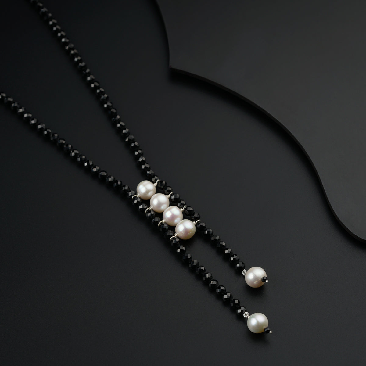 Yin Yang: Silver Necklace with Black Spinels and Freshwater Pearls