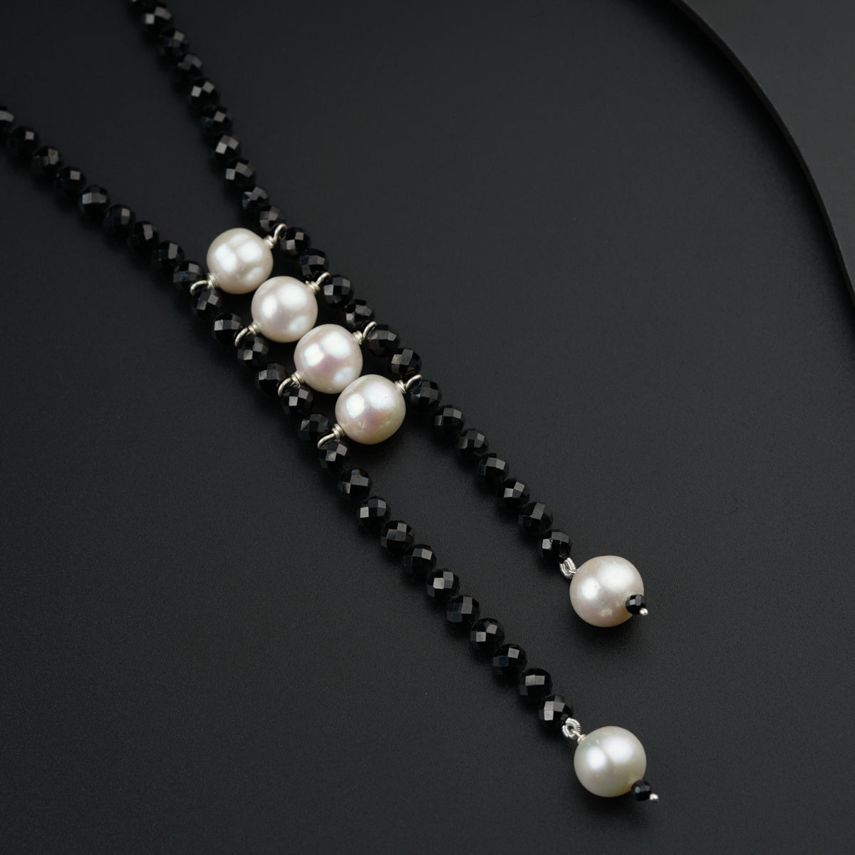 Yin Yang: Silver Necklace with Black Spinels and Freshwater Pearls