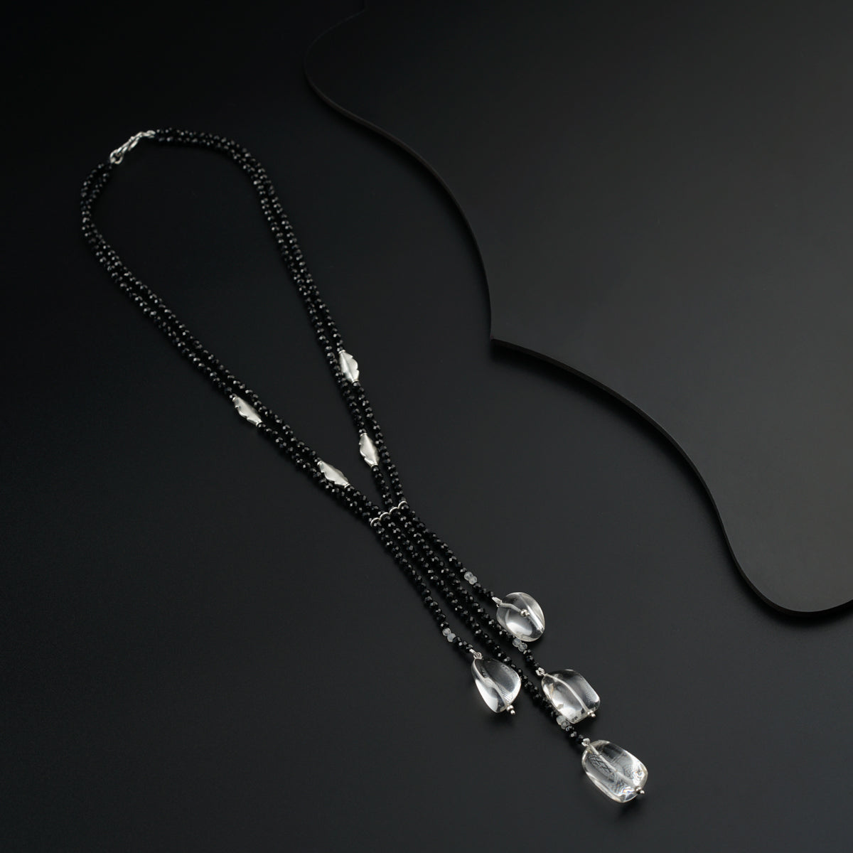 Yin Yang: Silver Necklace with Black Spinel, Crystals and Silver findings