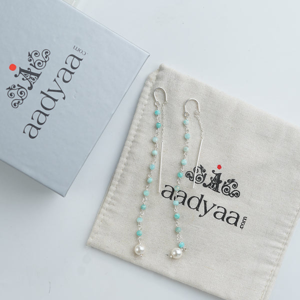Blue Firoza & Pearl Ganthan Sui Dhaga Earrings (Project Handmade)