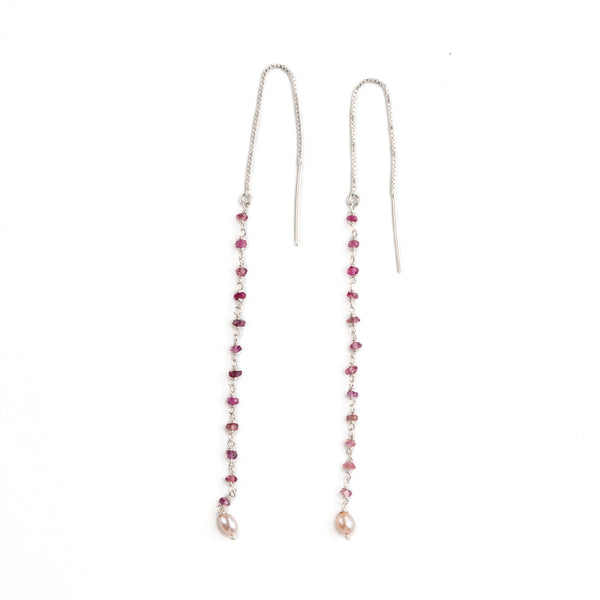 Pink Tourmaline & Rice Pearl Ganthan Sui Dhaga Earrings (Project Handmade)
