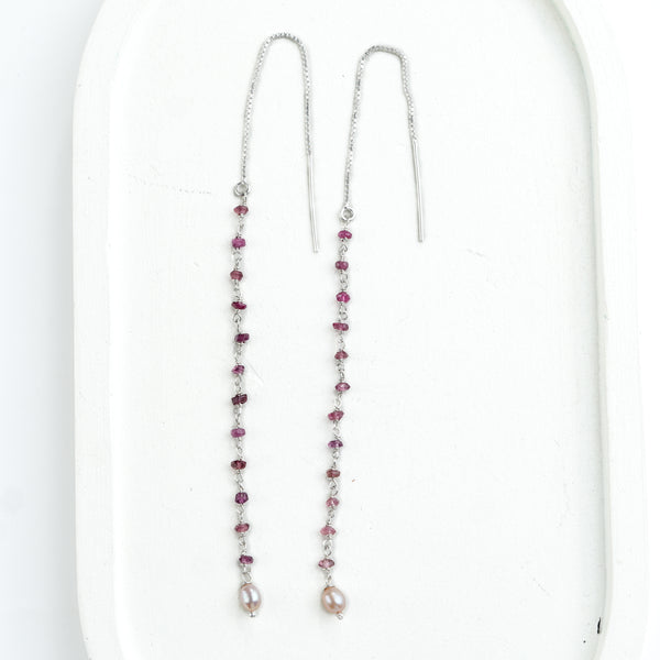 Pink Tourmaline & Rice Pearl Ganthan Sui Dhaga Earrings (Project Handmade)